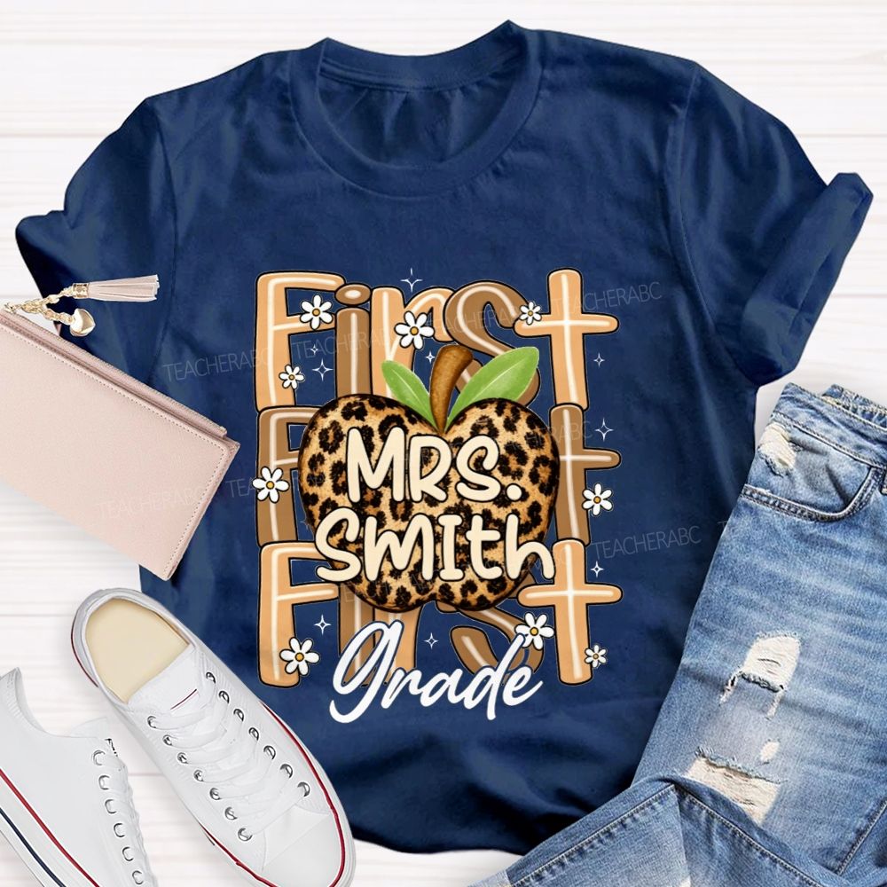 Personalized Name And Grade Leopard Apple Teacher T-shirt