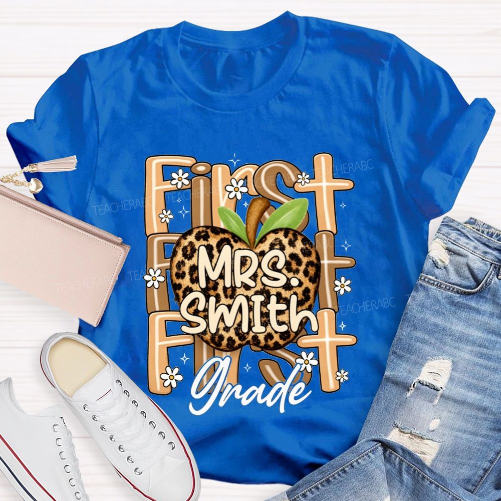 Personalized Name And Grade Leopard Apple Teacher T-shirt