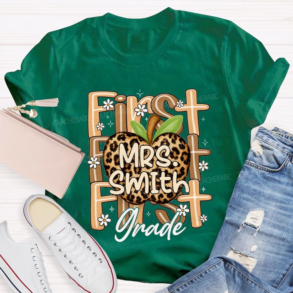 Personalized Name And Grade Leopard Apple Teacher T-shirt