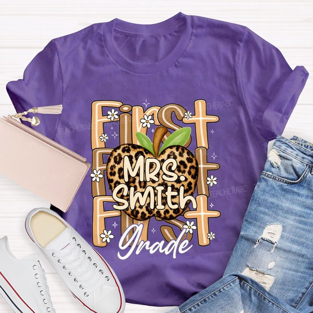 Personalized Name And Grade Leopard Apple Teacher T-shirt