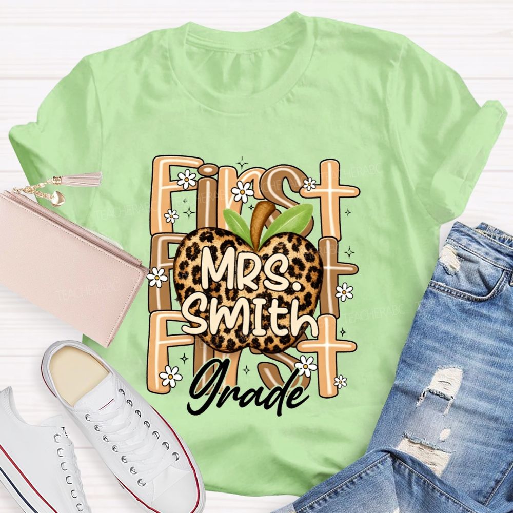 Personalized Name And Grade Leopard Apple Teacher T-shirt