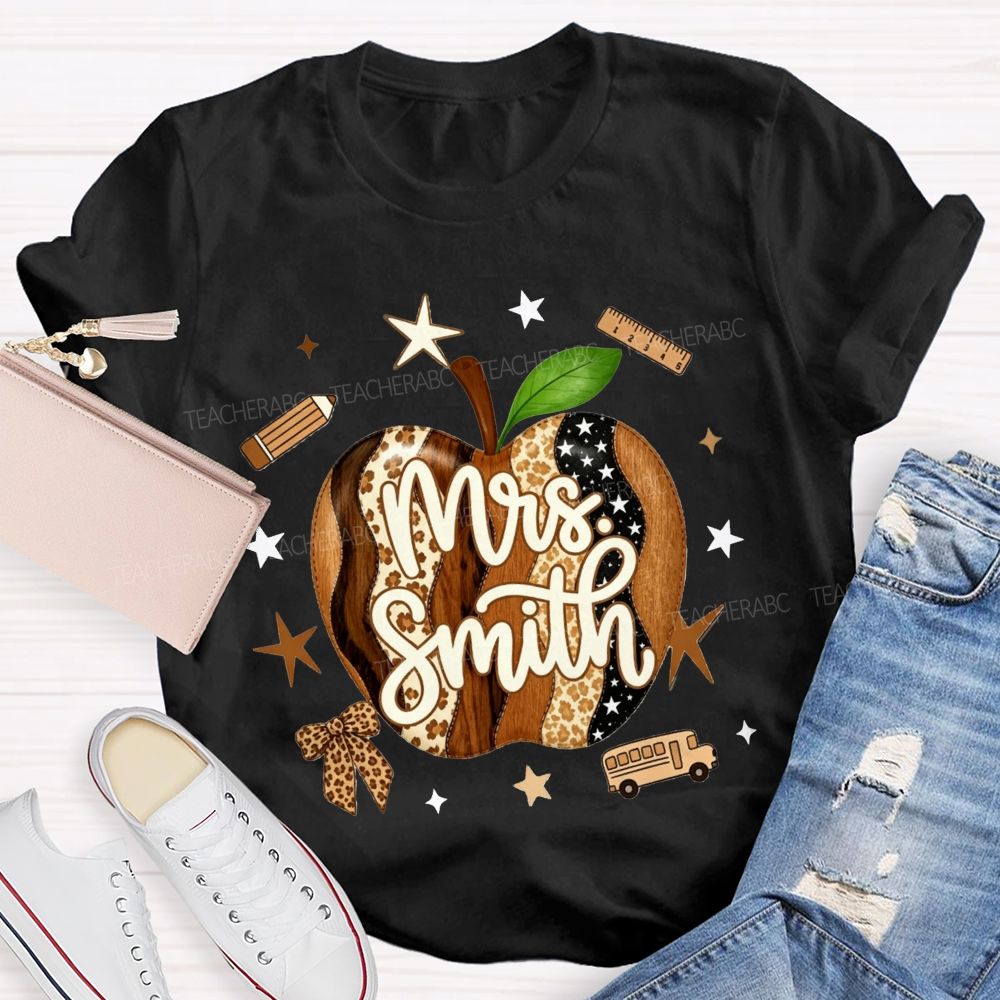 Personalized Name Teacher Leopard Apple Teacher T-shirt