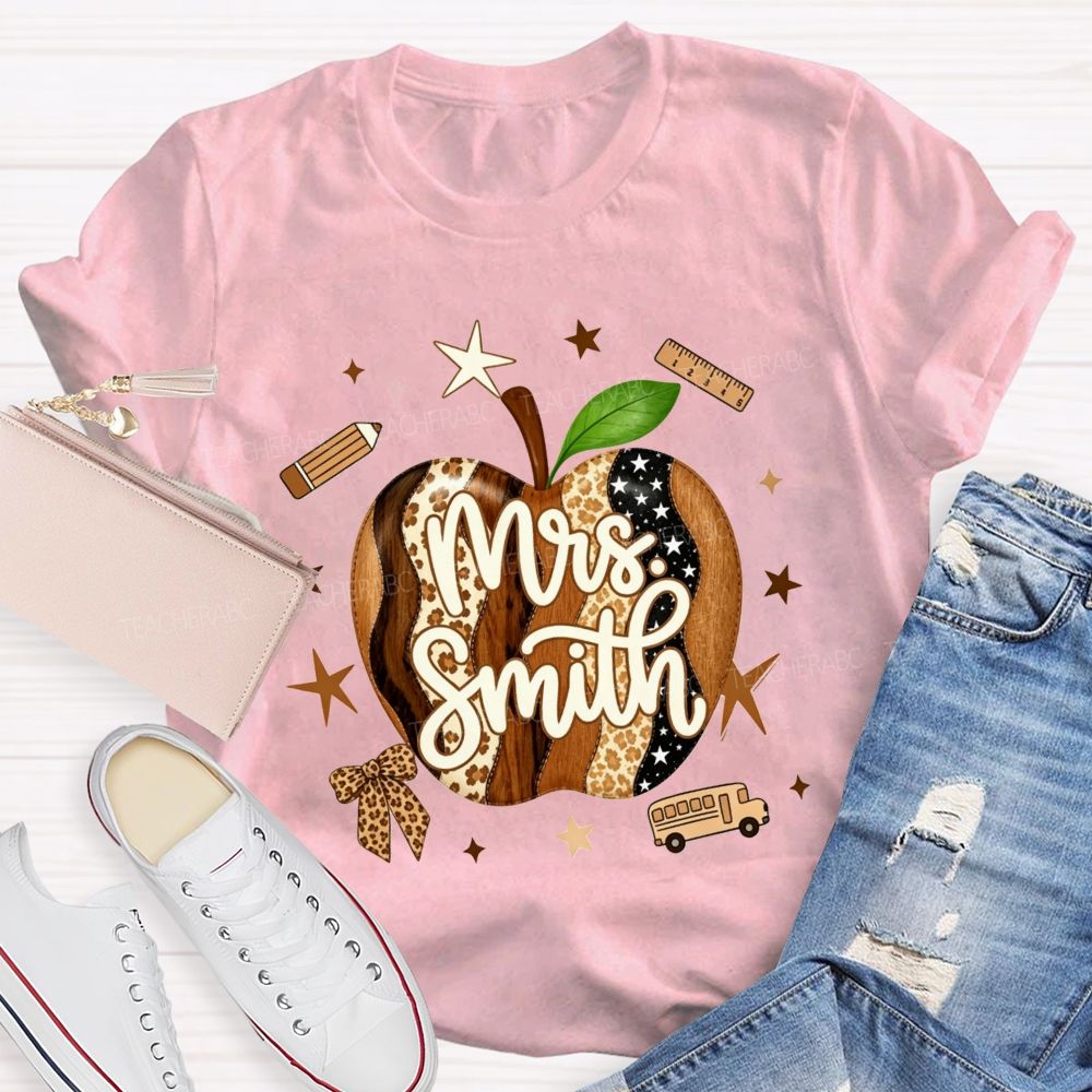 Personalized Name Teacher Leopard Apple Teacher T-shirt
