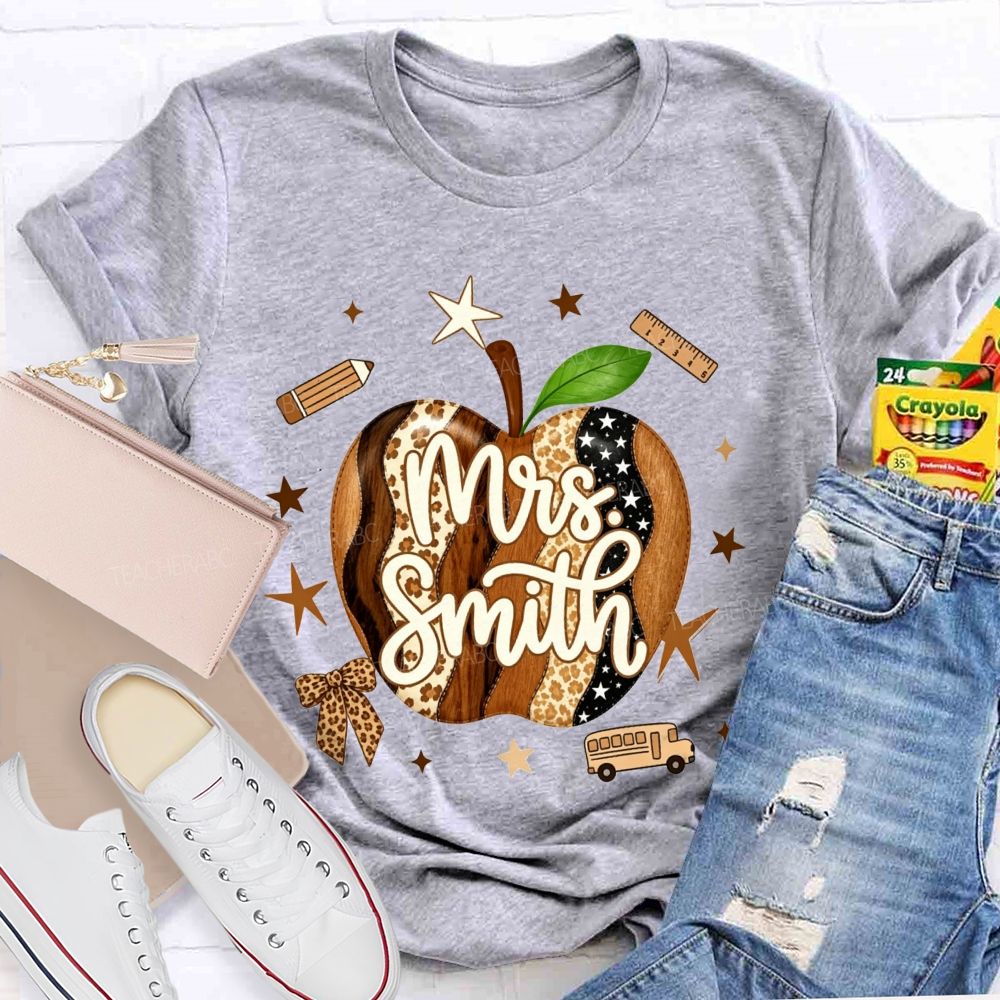 Personalized Name Teacher Leopard Apple Teacher T-shirt
