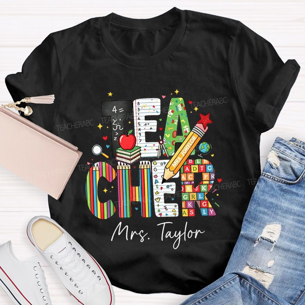 Personalized Name Teacher Alphabet Pencil Math Book Apple Teacher T-shirt