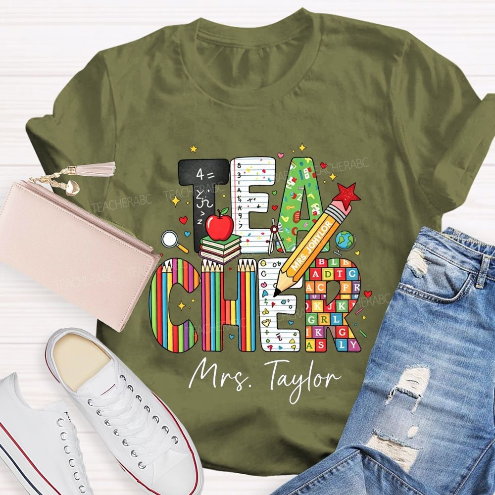 Personalized Name Teacher Alphabet Pencil Math Book Apple Teacher T-shirt