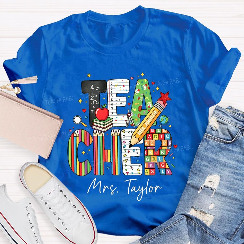Personalized Name Teacher Alphabet Pencil Math Book Apple Teacher T-shirt