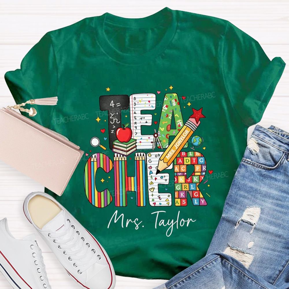 Personalized Name Teacher Alphabet Pencil Math Book Apple Teacher T-shirt