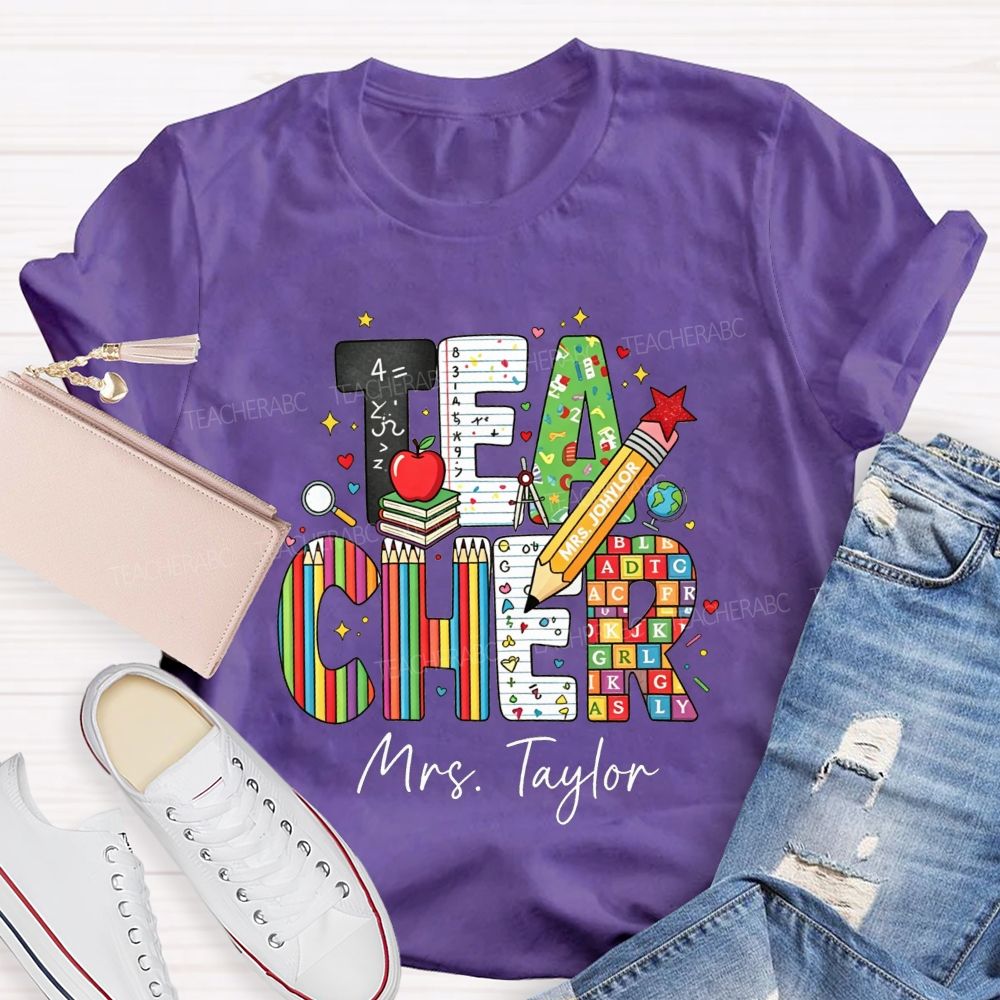 Personalized Name Teacher Alphabet Pencil Math Book Apple Teacher T-shirt