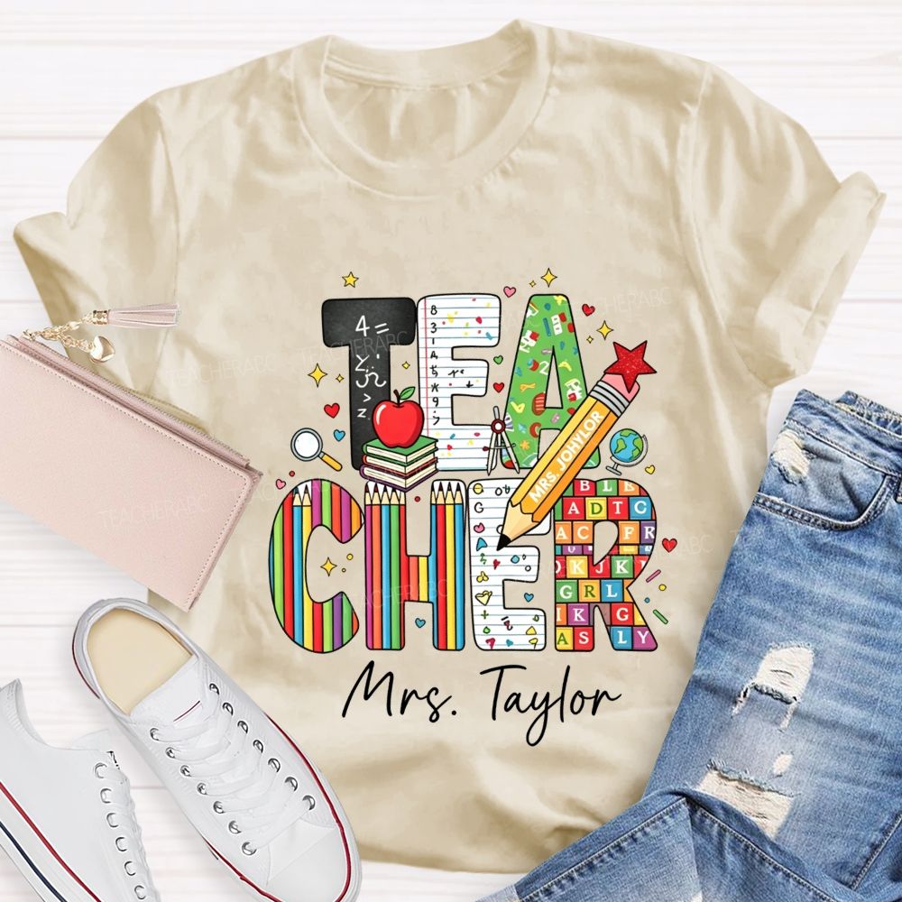 Personalized Name Teacher Alphabet Pencil Math Book Apple Teacher T-shirt