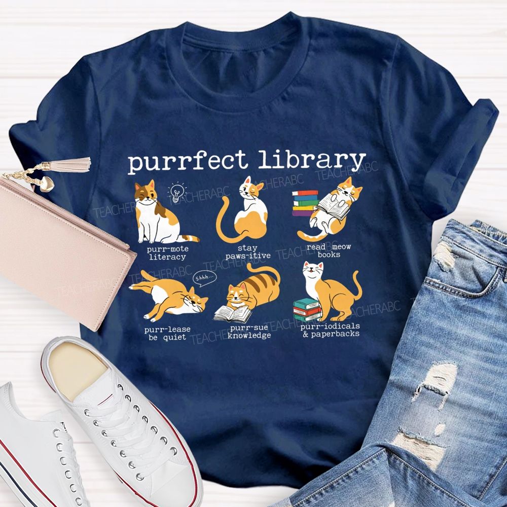 Perfect Library Cat Reading Book Library Pun T-shirt