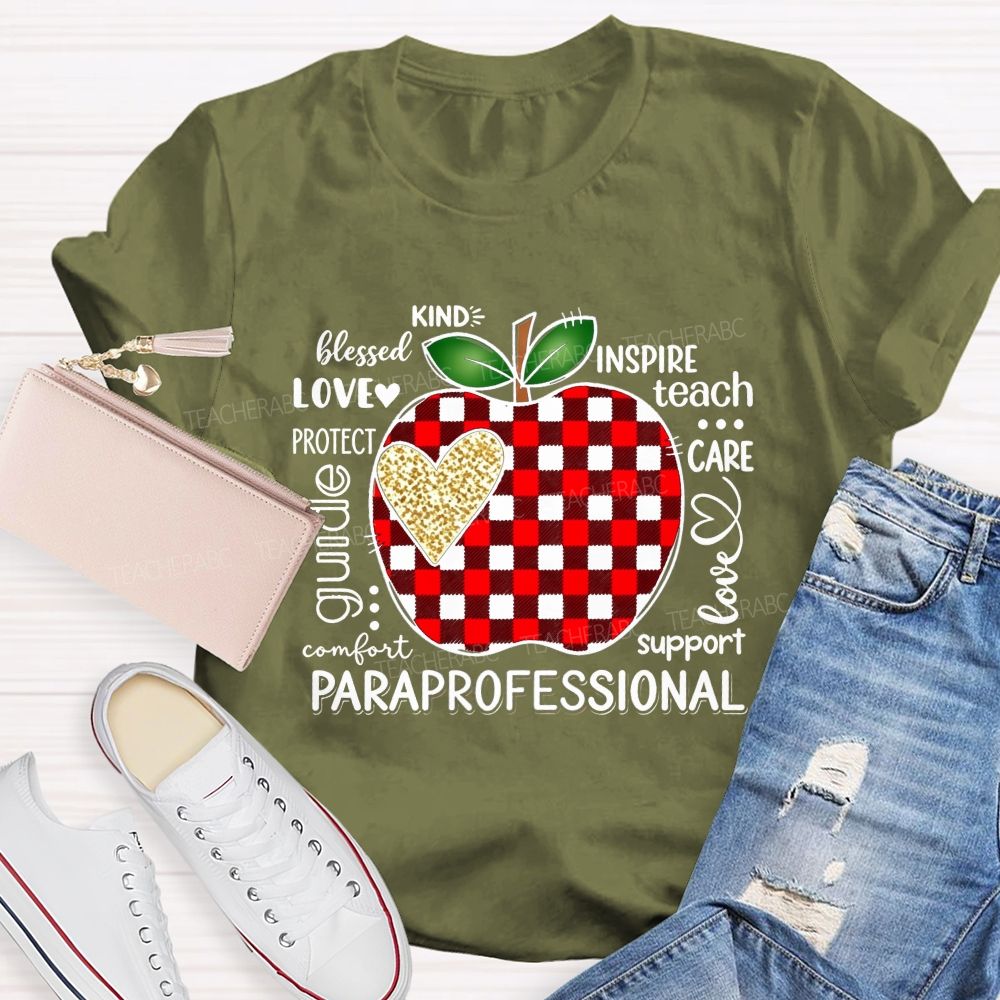 Red Plaid Apple and Gold Heart Paraprofessional Teacher T-shirt
