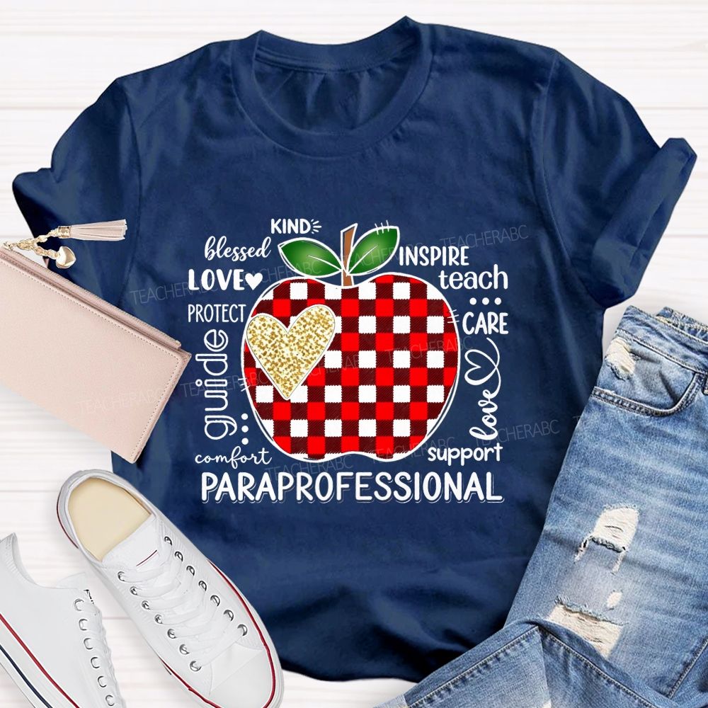 Red Plaid Apple and Gold Heart Paraprofessional Teacher T-shirt