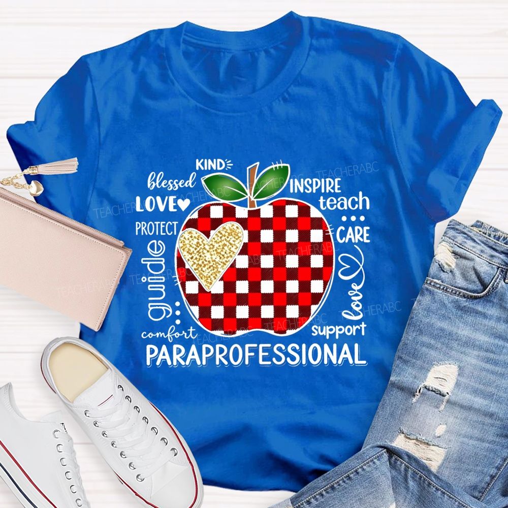 Red Plaid Apple and Gold Heart Paraprofessional Teacher T-shirt