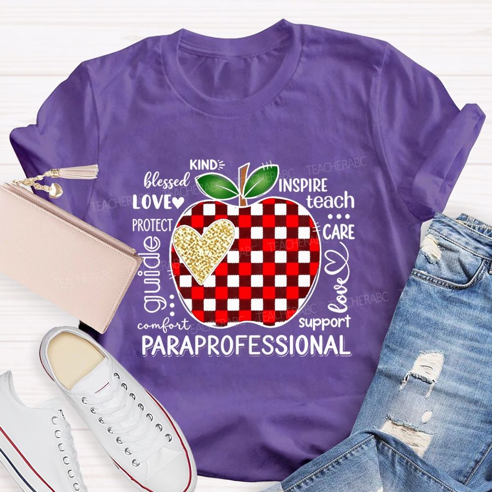 Red Plaid Apple and Gold Heart Paraprofessional Teacher T-shirt