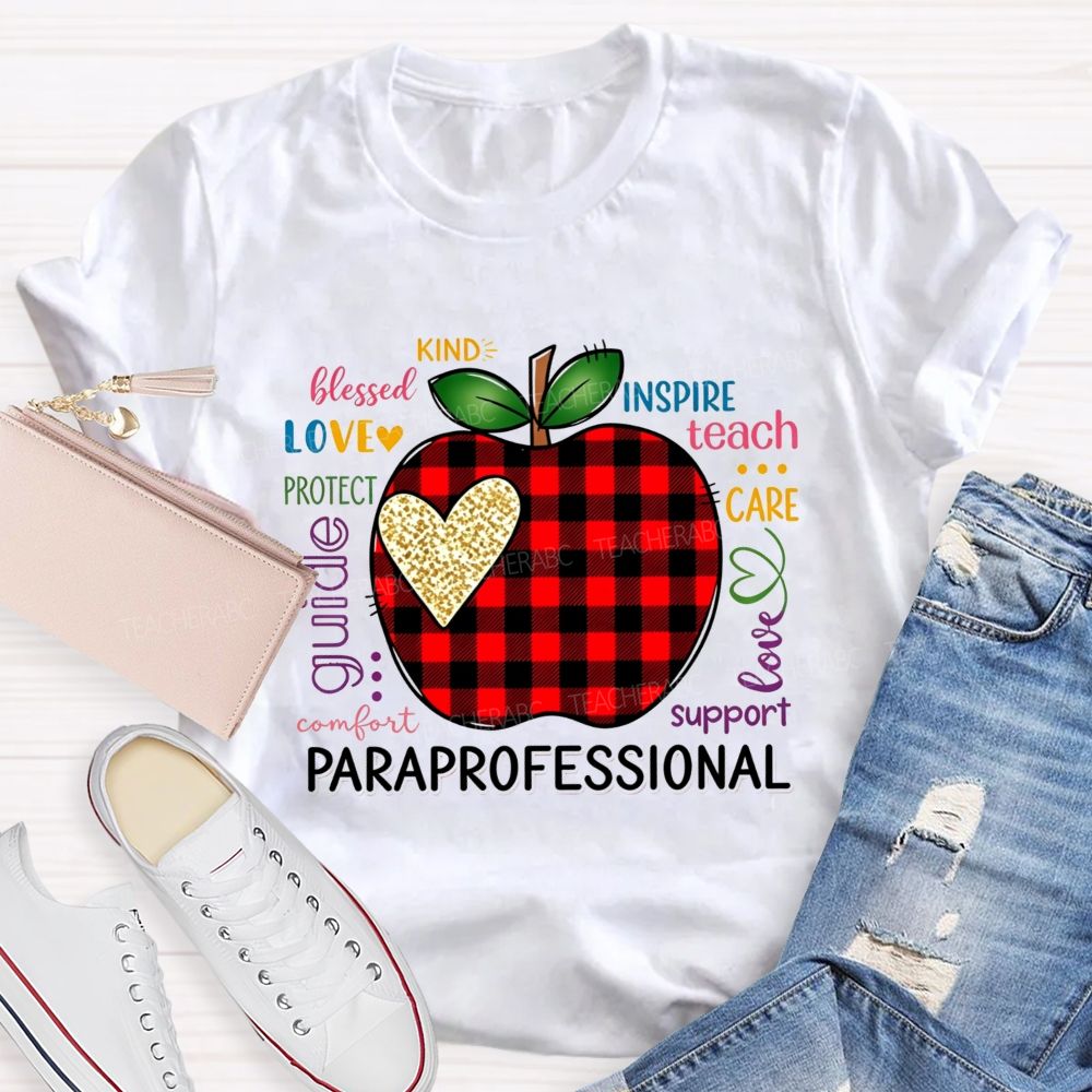 Red Plaid Apple and Gold Heart Paraprofessional Teacher T-shirt