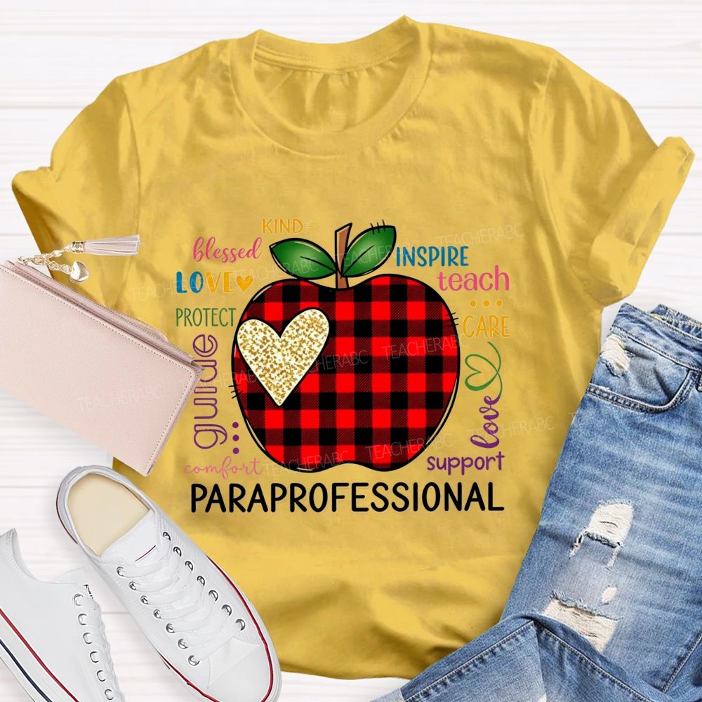 Red Plaid Apple and Gold Heart Paraprofessional Teacher T-shirt