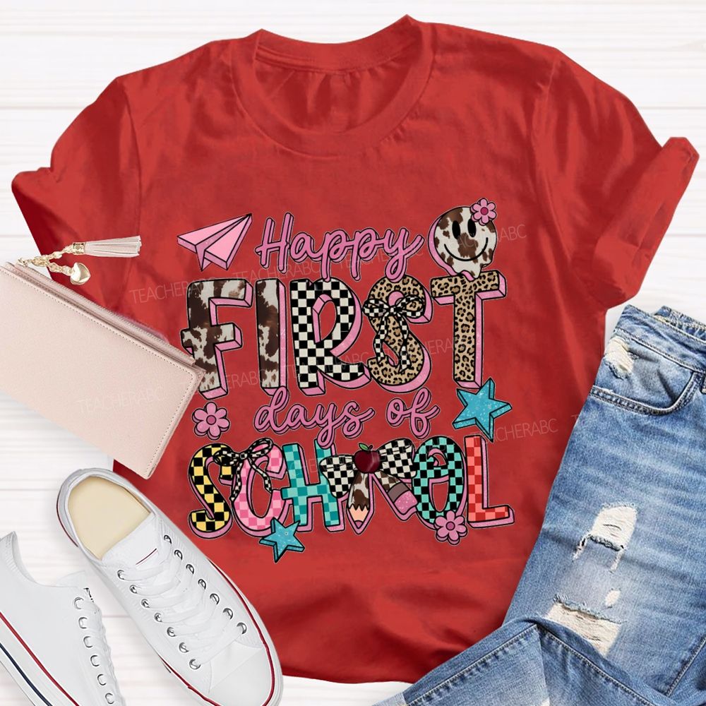 Happy First Days Of School Cow Print Checkered T-shirt