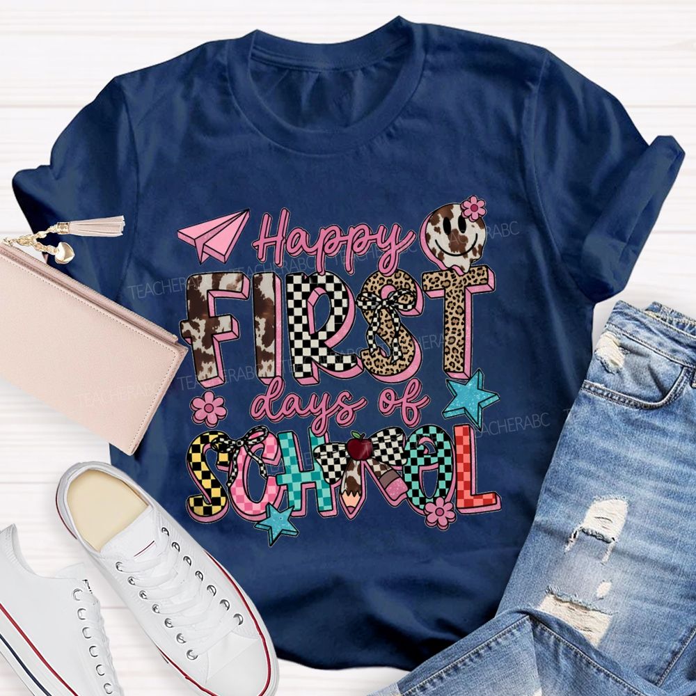 Happy First Days Of School Cow Print Checkered T-shirt