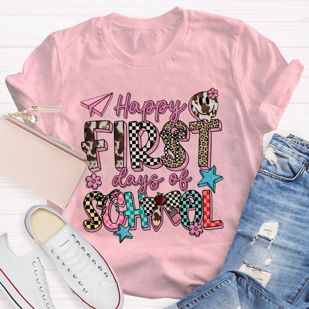 Happy First Days Of School Cow Print Checkered T-shirt
