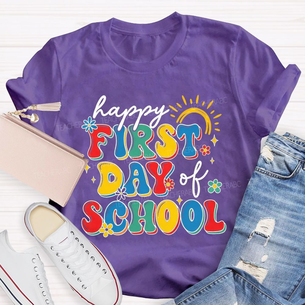 Happy First Day Of School Rainbow Flower Sun Teacher T-shirt