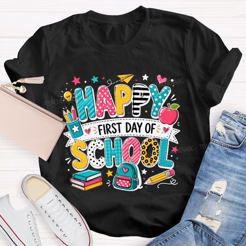 Happy First Day Of School Backpack Apple Pencil Book Cartoon T-shirt