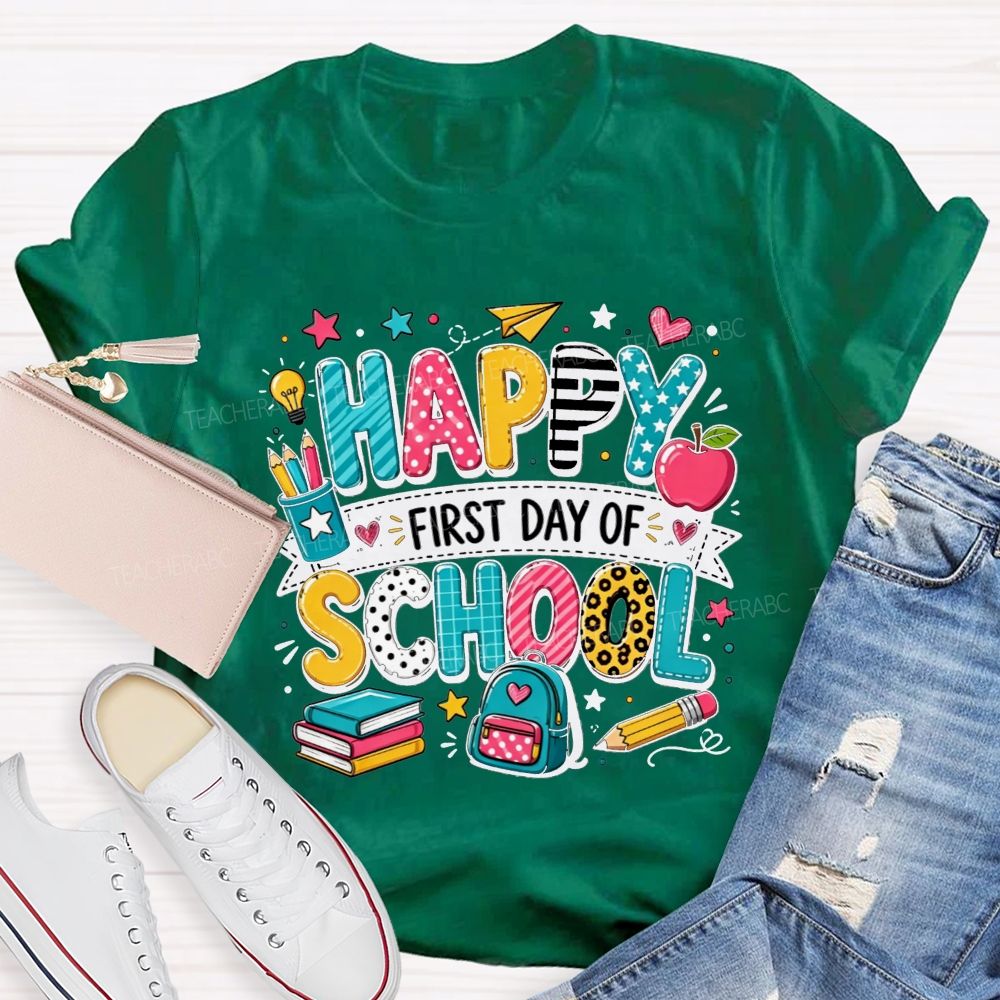 Happy First Day Of School Backpack Apple Pencil Book Cartoon T-shirt