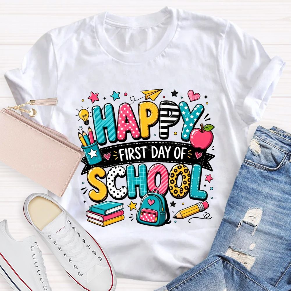 Happy First Day Of School Backpack Apple Pencil Book Cartoon T-shirt