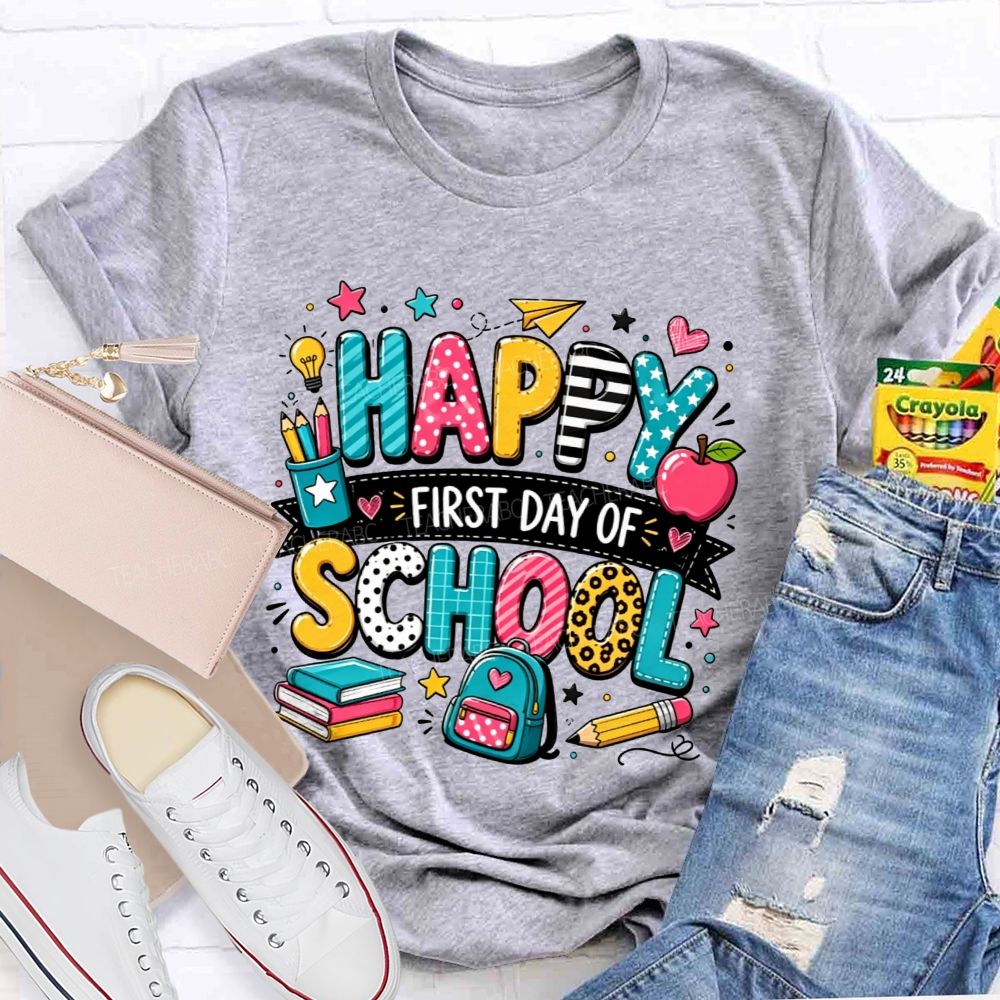 Happy First Day Of School Backpack Apple Pencil Book Cartoon T-shirt