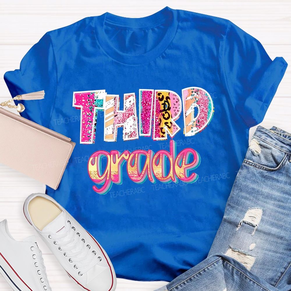 Personalized Grade Glitter Leopard Zebra Print Third Grade Bubble Letter Teacher T-shirt