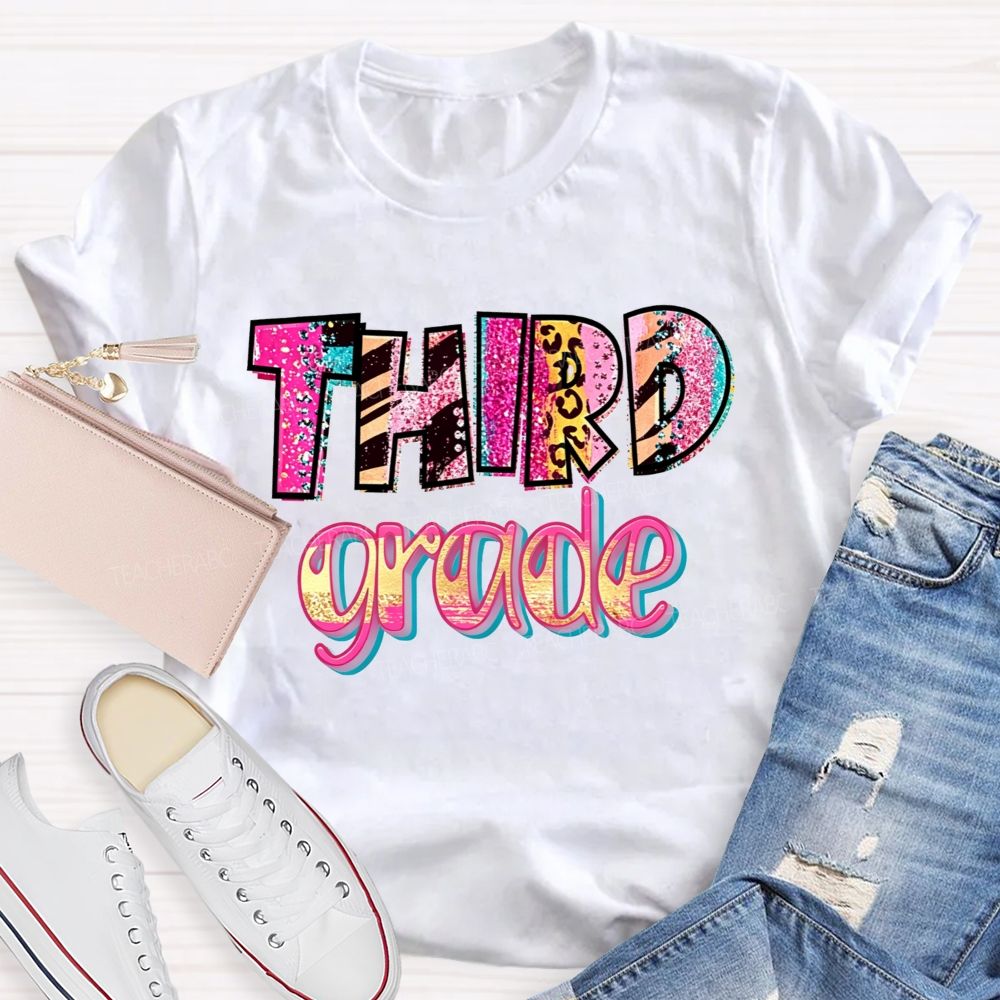 Personalized Grade Glitter Leopard Zebra Print Third Grade Bubble Letter Teacher T-shirt