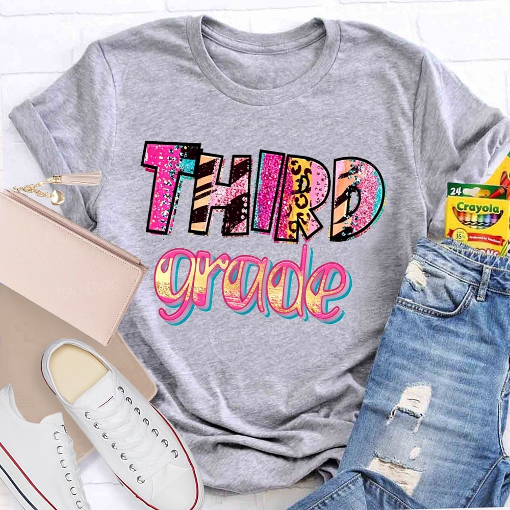Personalized Grade Glitter Leopard Zebra Print Third Grade Bubble Letter Teacher T-shirt