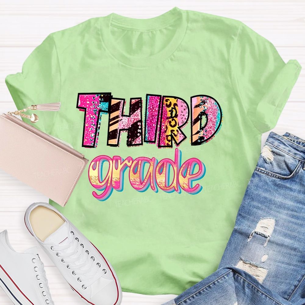 Personalized Grade Glitter Leopard Zebra Print Third Grade Bubble Letter Teacher T-shirt