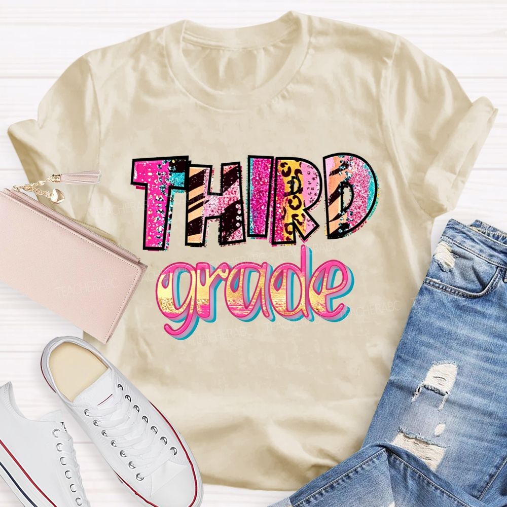 Personalized Grade Glitter Leopard Zebra Print Third Grade Bubble Letter Teacher T-shirt