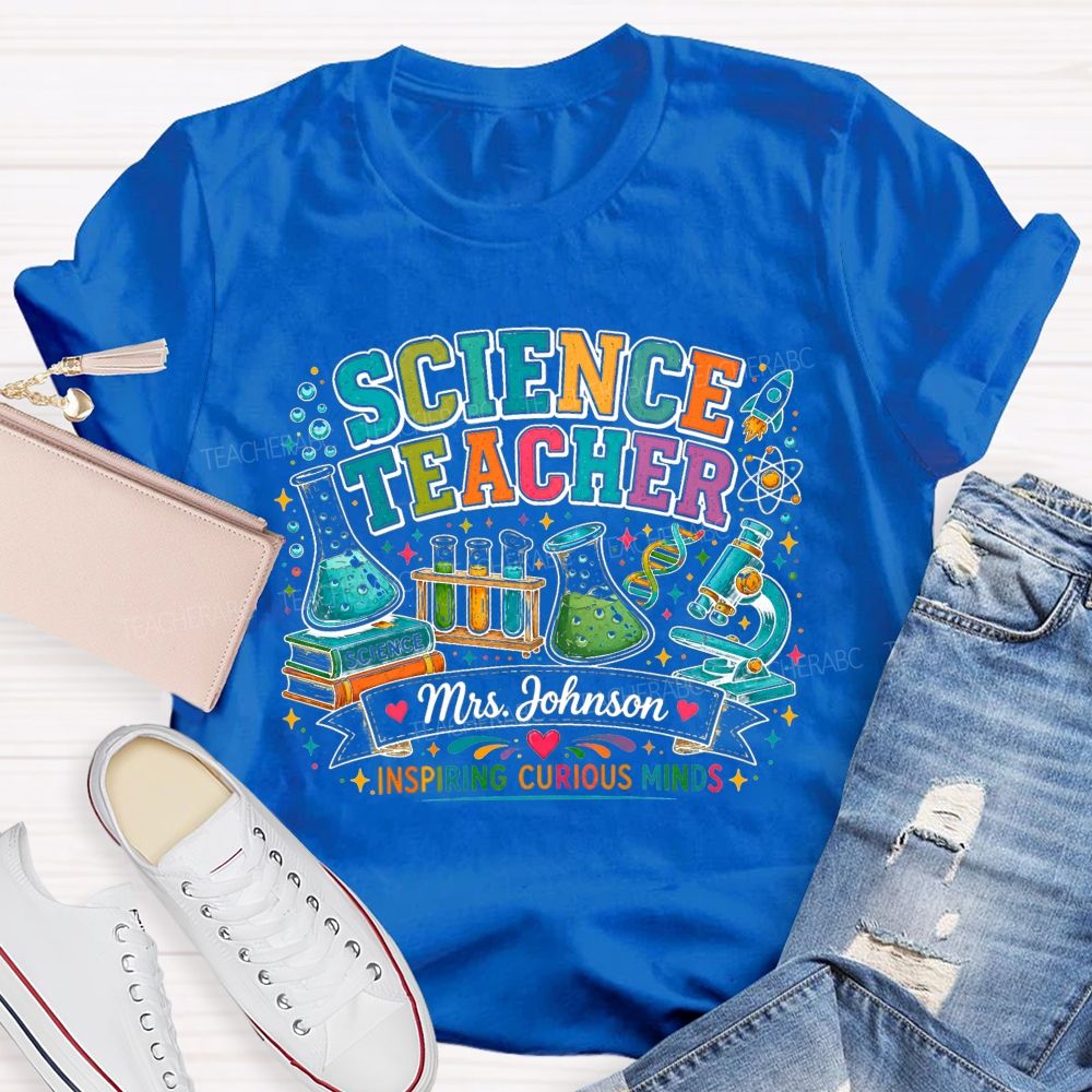 Personalized Name Science Teacher Inspiring Curious Minds Microscope T-shirt