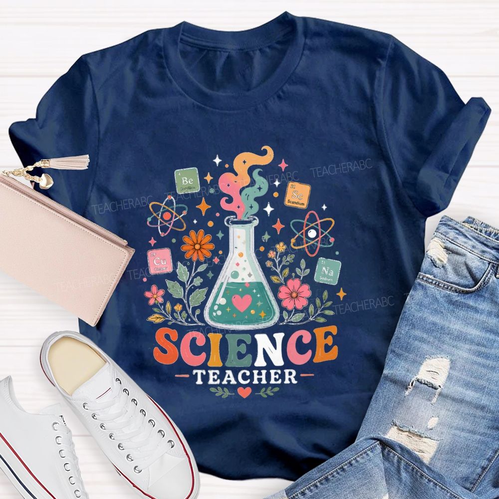 Science Teacher Erlenmeyer Flask Periodic Table Atomic Wildflower Teacher T-shirt