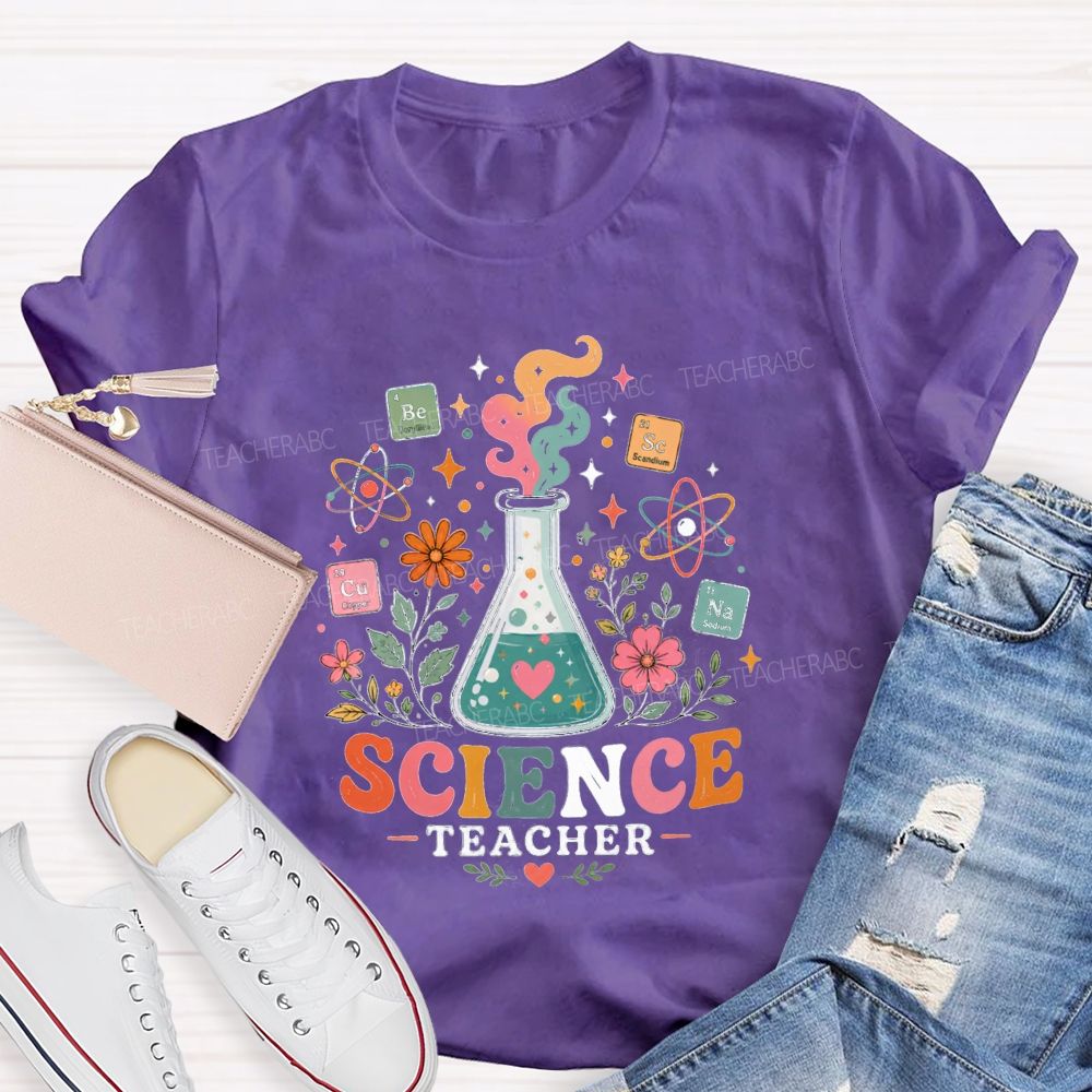 Science Teacher Erlenmeyer Flask Periodic Table Atomic Wildflower Teacher T-shirt