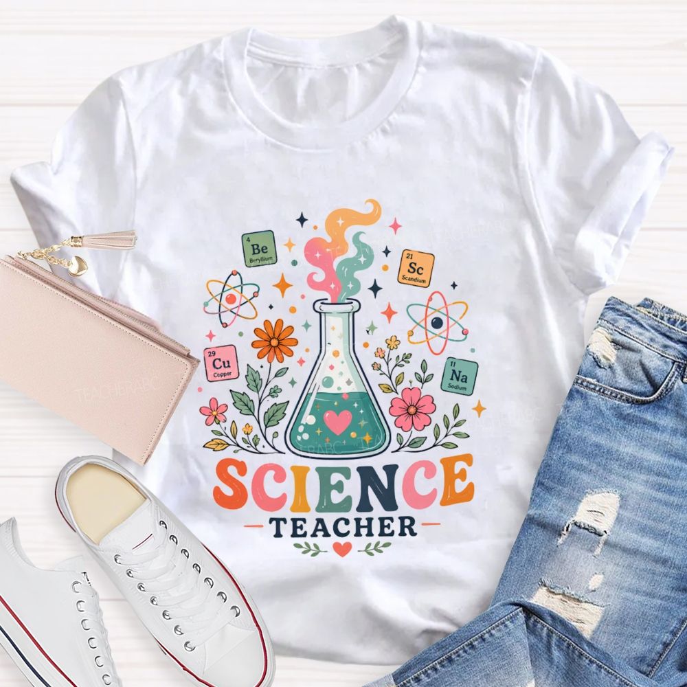 Science Teacher Erlenmeyer Flask Periodic Table Atomic Wildflower Teacher T-shirt