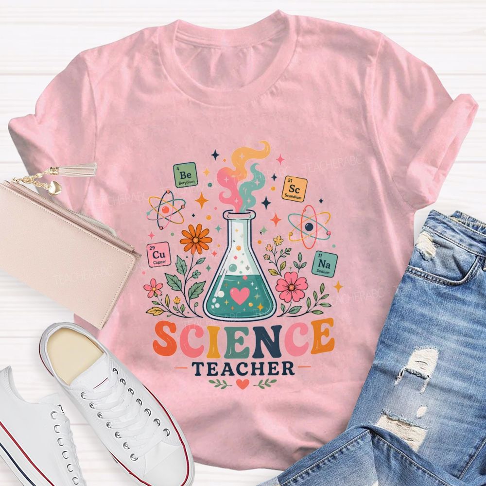 Science Teacher Erlenmeyer Flask Periodic Table Atomic Wildflower Teacher T-shirt