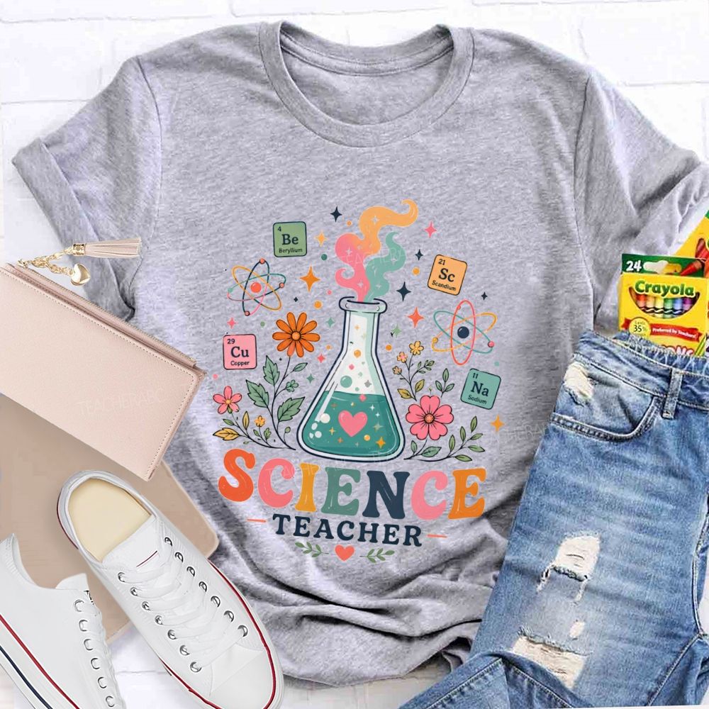 Science Teacher Erlenmeyer Flask Periodic Table Atomic Wildflower Teacher T-shirt