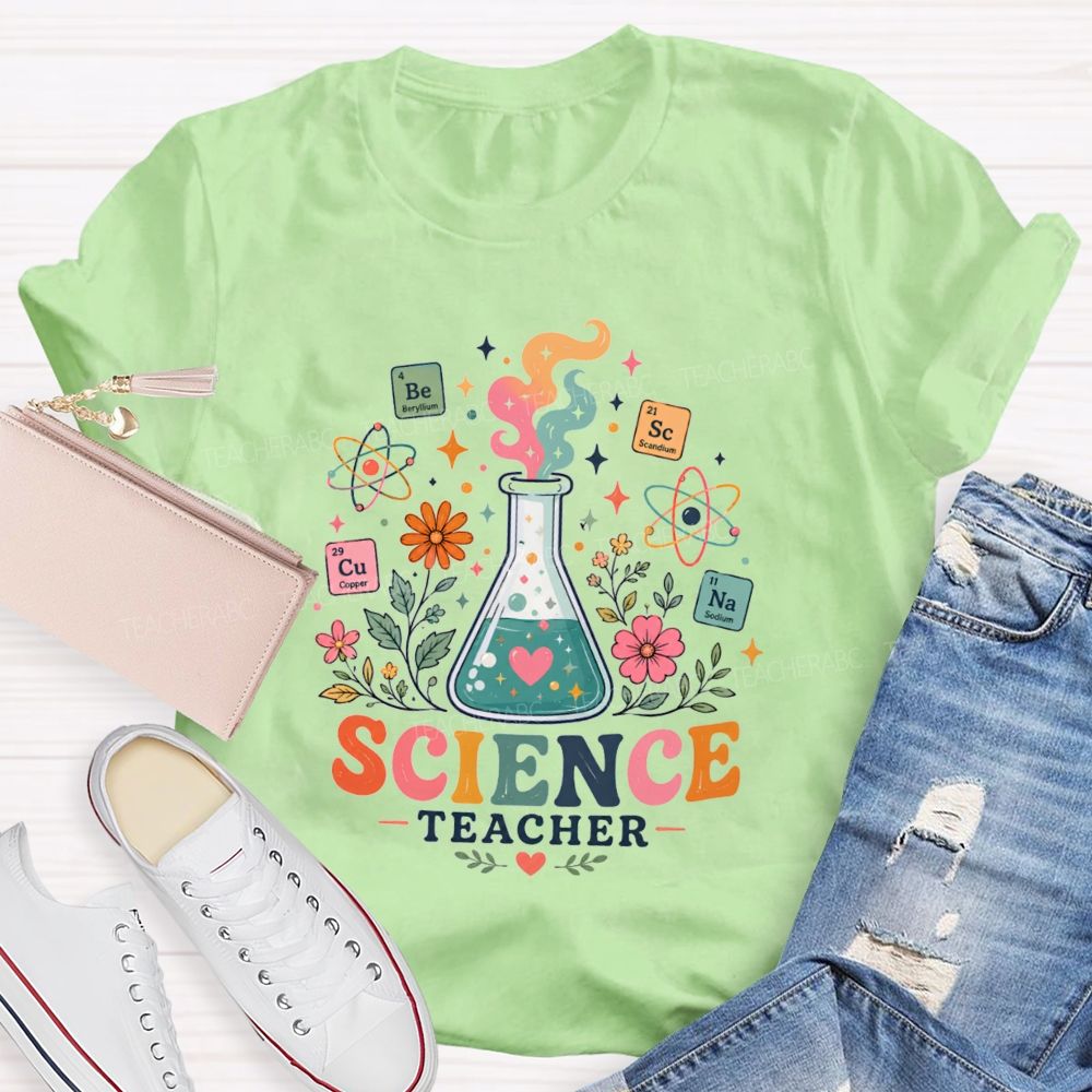 Science Teacher Erlenmeyer Flask Periodic Table Atomic Wildflower Teacher T-shirt