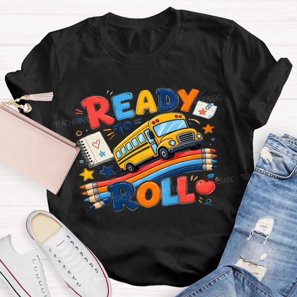 Ready To Roll Yellow School Bus Color Pencil Notebook Apple Star T-shirt