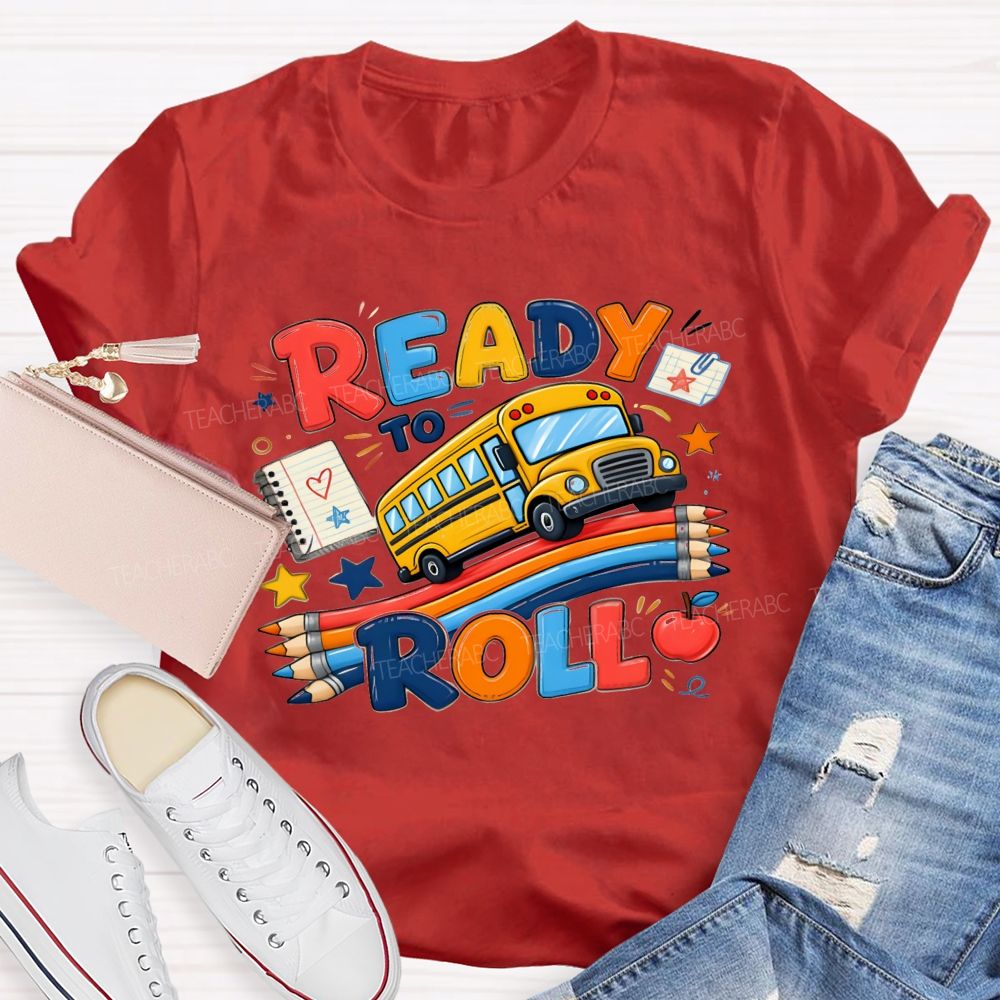 Ready To Roll Yellow School Bus Color Pencil Notebook Apple Star T-shirt