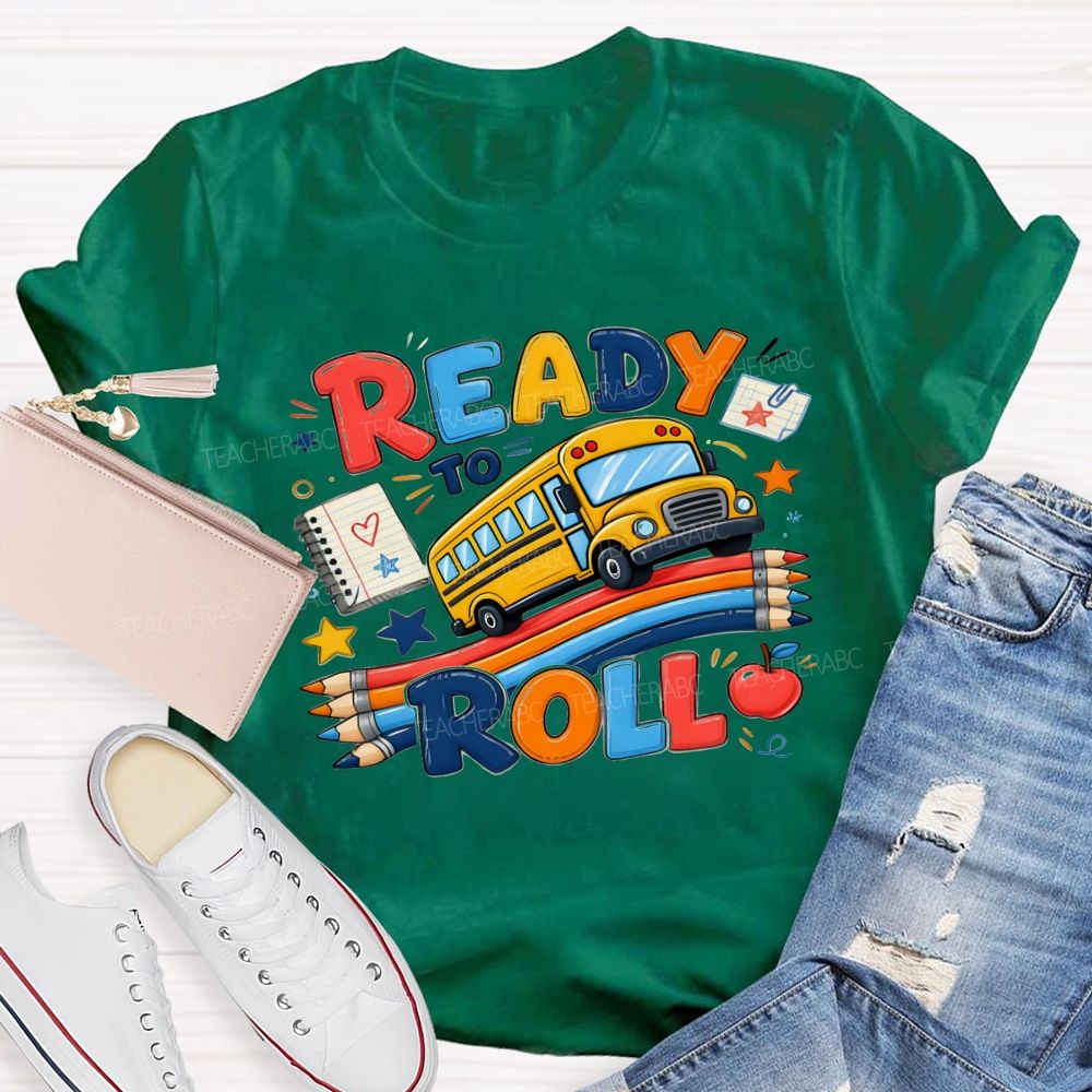 Ready To Roll Yellow School Bus Color Pencil Notebook Apple Star T-shirt