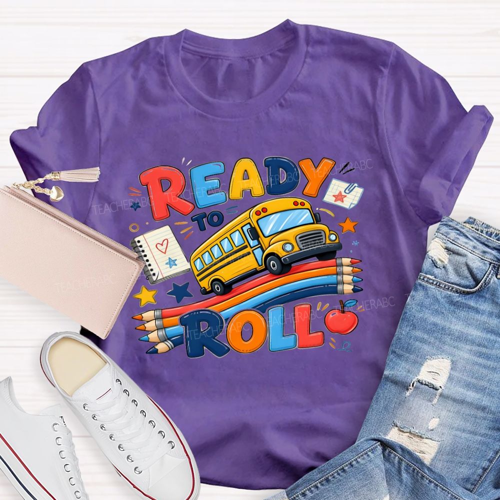 Ready To Roll Yellow School Bus Color Pencil Notebook Apple Star T-shirt