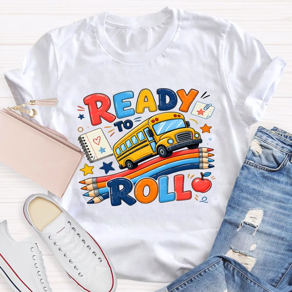 Ready To Roll Yellow School Bus Color Pencil Notebook Apple Star T-shirt