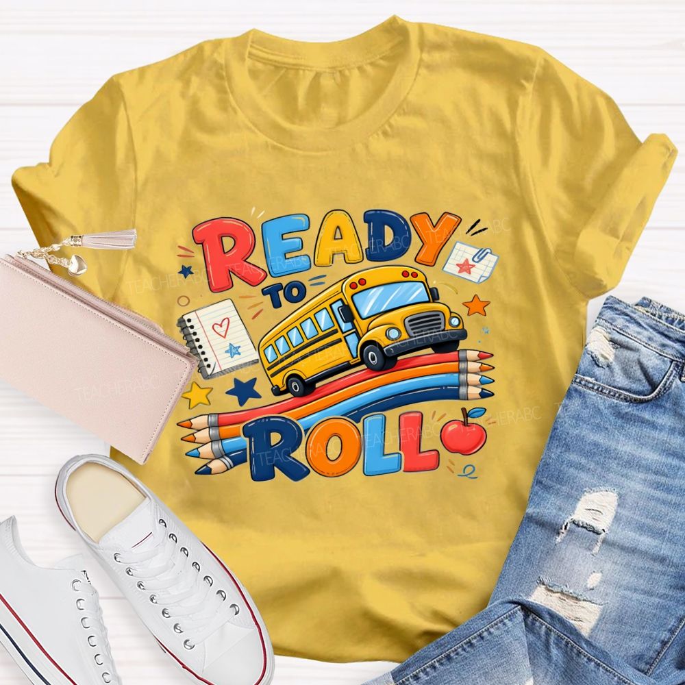 Ready To Roll Yellow School Bus Color Pencil Notebook Apple Star T-shirt