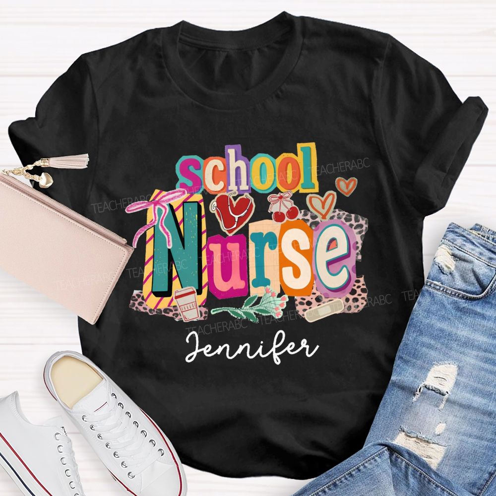 Personalized Name School Nurse Coquette Bow Heart Stethoscope T-shirt
