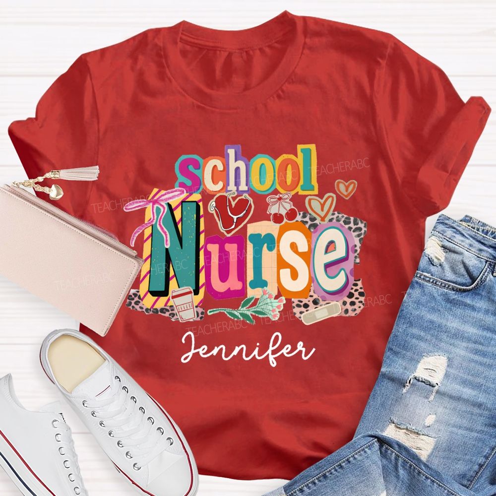 Personalized Name School Nurse Coquette Bow Heart Stethoscope T-shirt