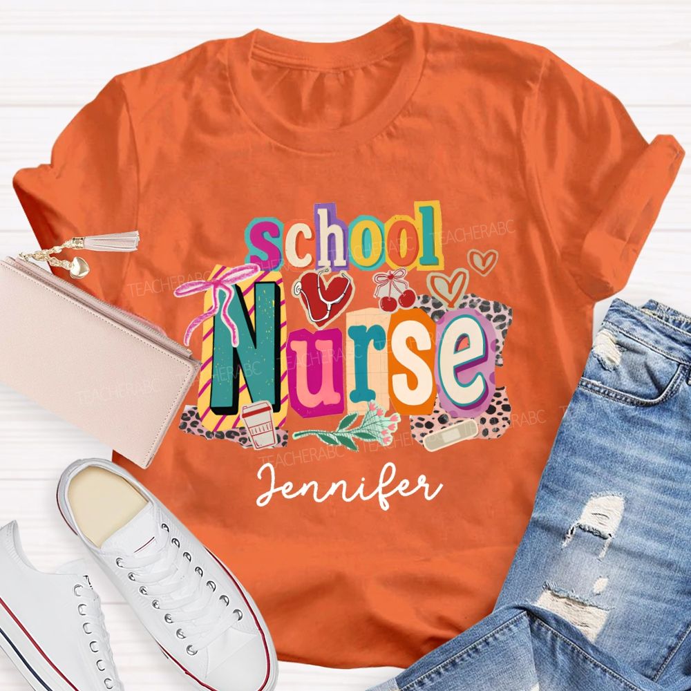 Personalized Name School Nurse Coquette Bow Heart Stethoscope T-shirt